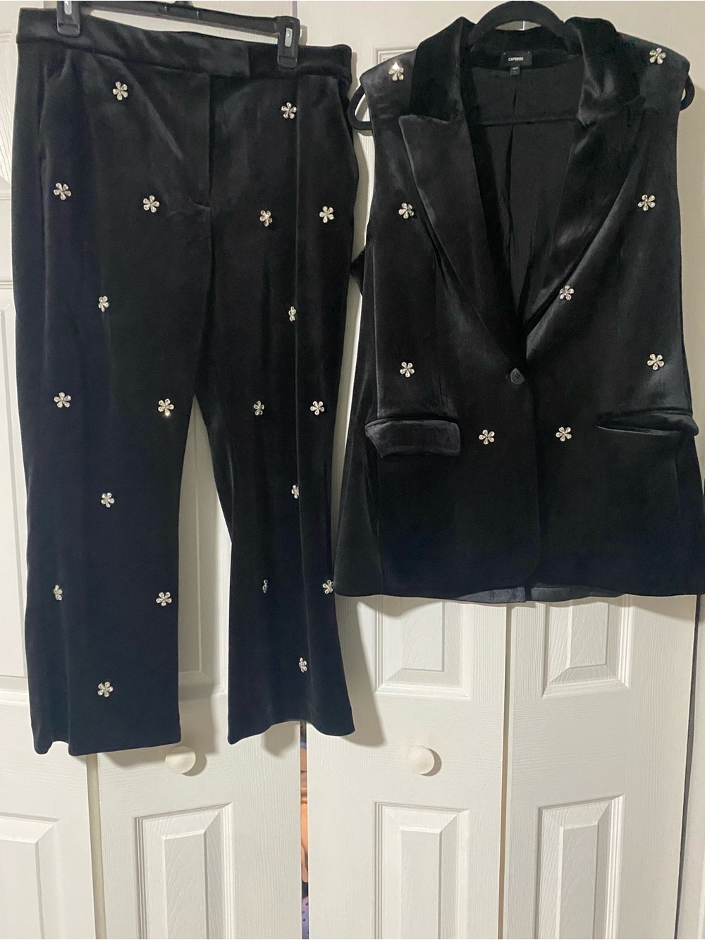 Express Black Velvet Embellished Pantsuit Set